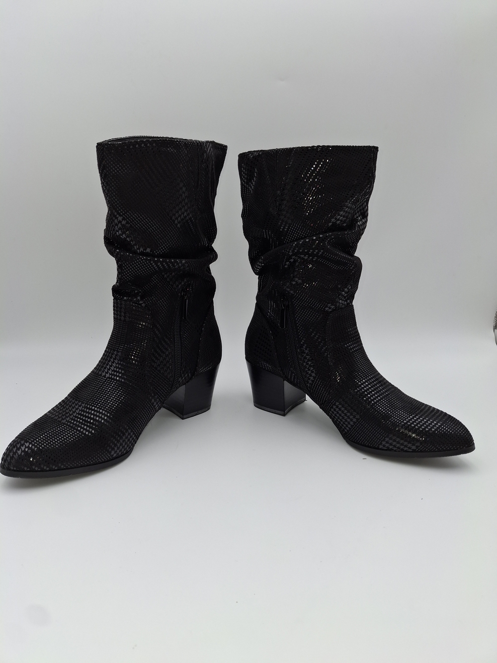 Women's Black Slouchy Mid Calf Boots Textured Pattern Zip Block Heel Sz 8 M